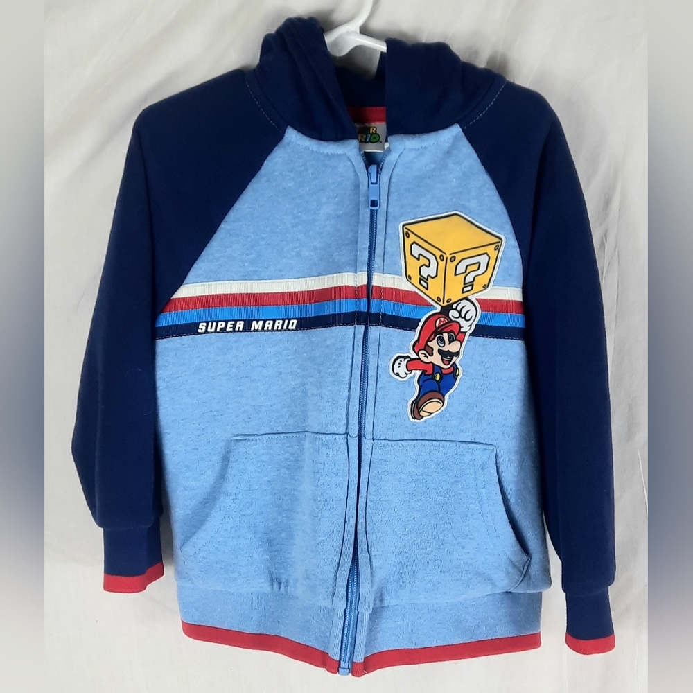 Super Mario Childrens Zip Front Hooded Sweat Jacket Size XS 4/5 Blue Red